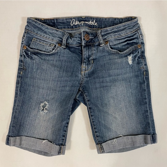 Aeropostale Bermuda Distressed Cuffed Denim Jean Shorts Size 0 - Picture 1 of 6